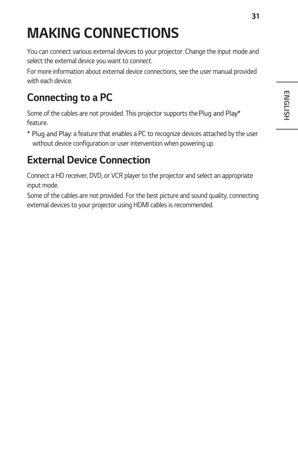 Making connections, Connecting to a pc, External device connection | LG ProBeam BU70QGA 7000-Lumen 4K Laser SmProjector User Manual | Page 31 / 143