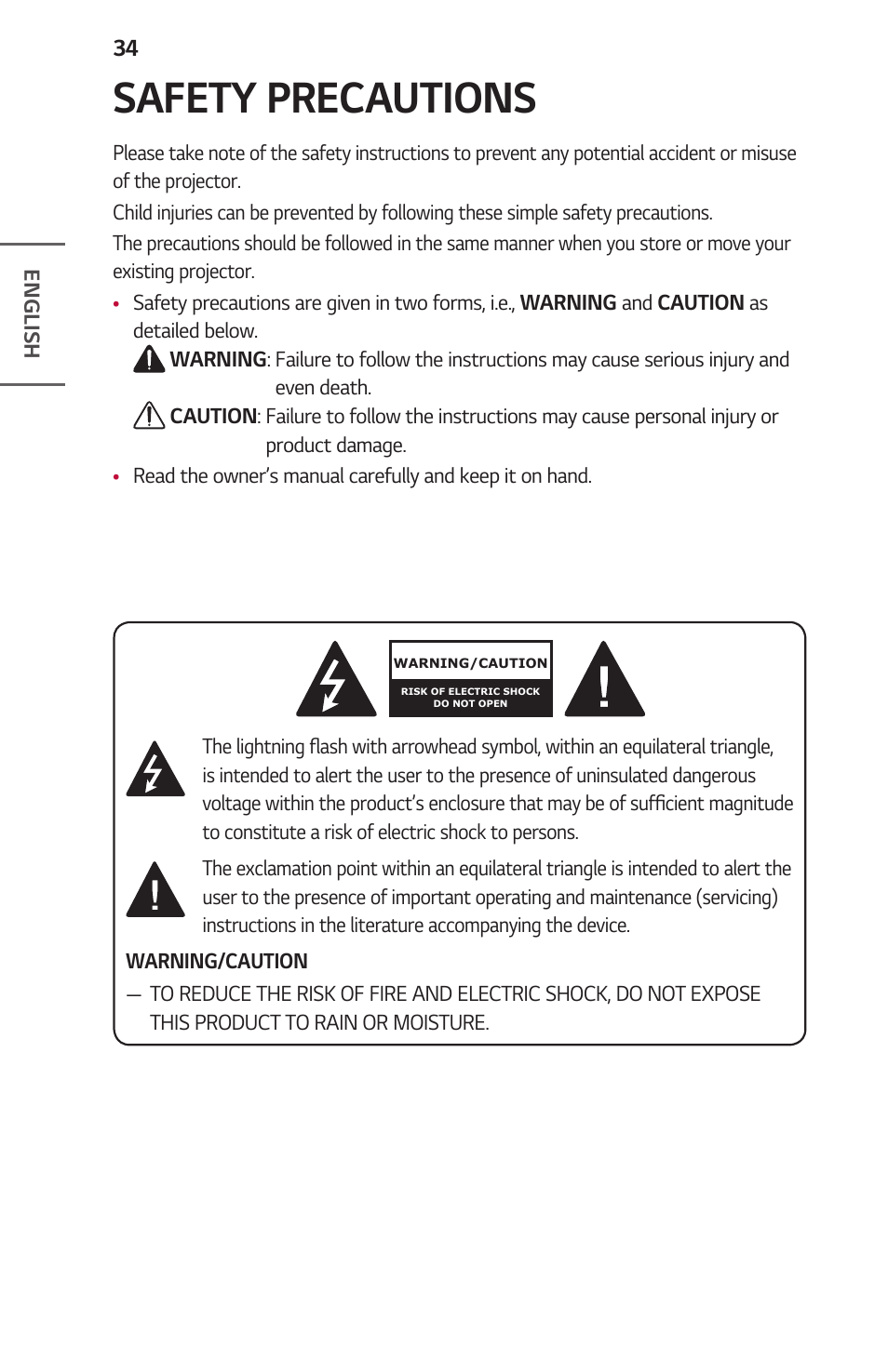 Safety precautions | LG ProBeam BU70QGA 7000-Lumen 4K Laser SmProjector User Manual | Page 34 / 143