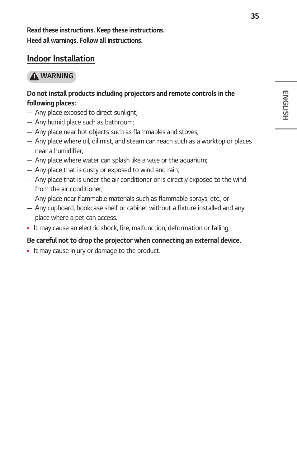 Indoor installation | LG ProBeam BU70QGA 7000-Lumen 4K Laser SmProjector User Manual | Page 35 / 143
