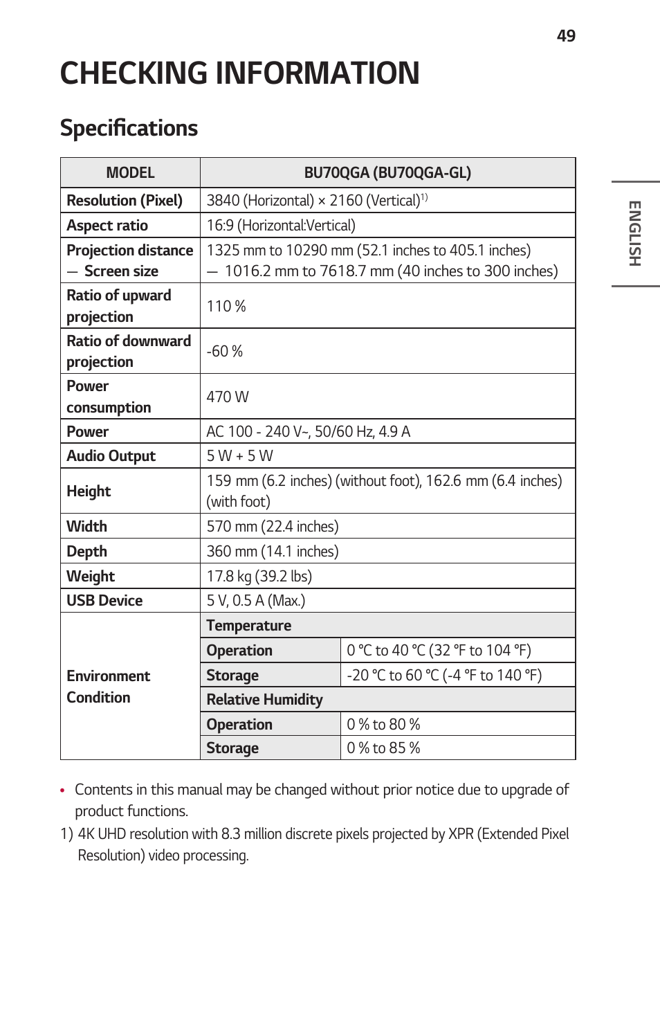 Checking information, Specifications, 49 specifications | LG ProBeam BU70QGA 7000-Lumen 4K Laser SmProjector User Manual | Page 49 / 143