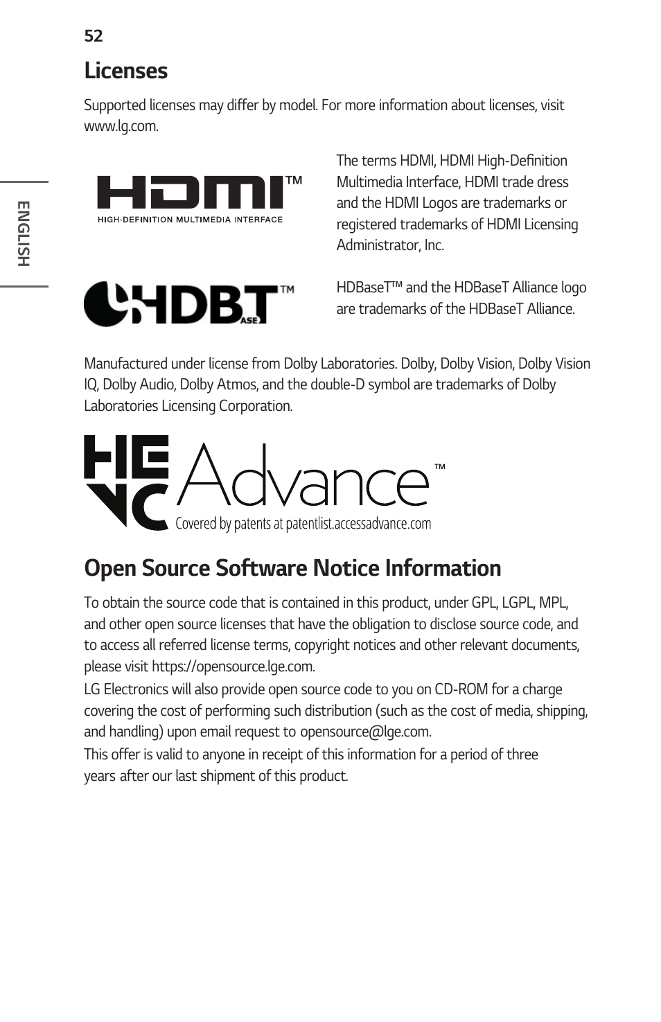 Licenses, Open source software notice information, 52 licenses | LG ProBeam BU70QGA 7000-Lumen 4K Laser SmProjector User Manual | Page 52 / 143