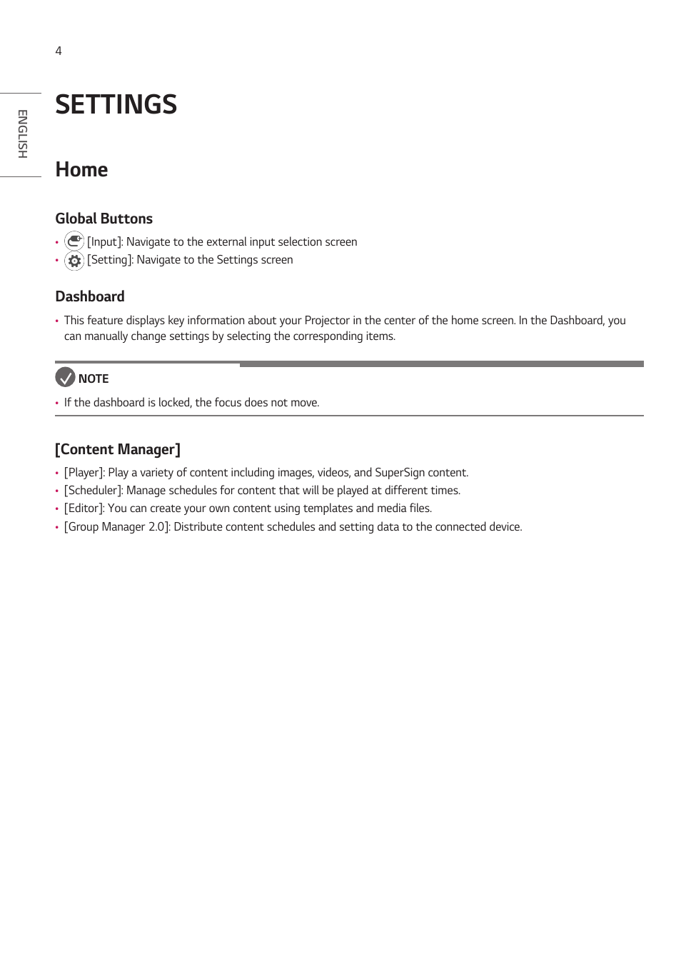 Settings, Home, Global buttons | Dashboard, Content manager, Global buttons dashboard [content manager | LG ProBeam BU70QGA 7000-Lumen 4K Laser SmProjector User Manual | Page 59 / 143