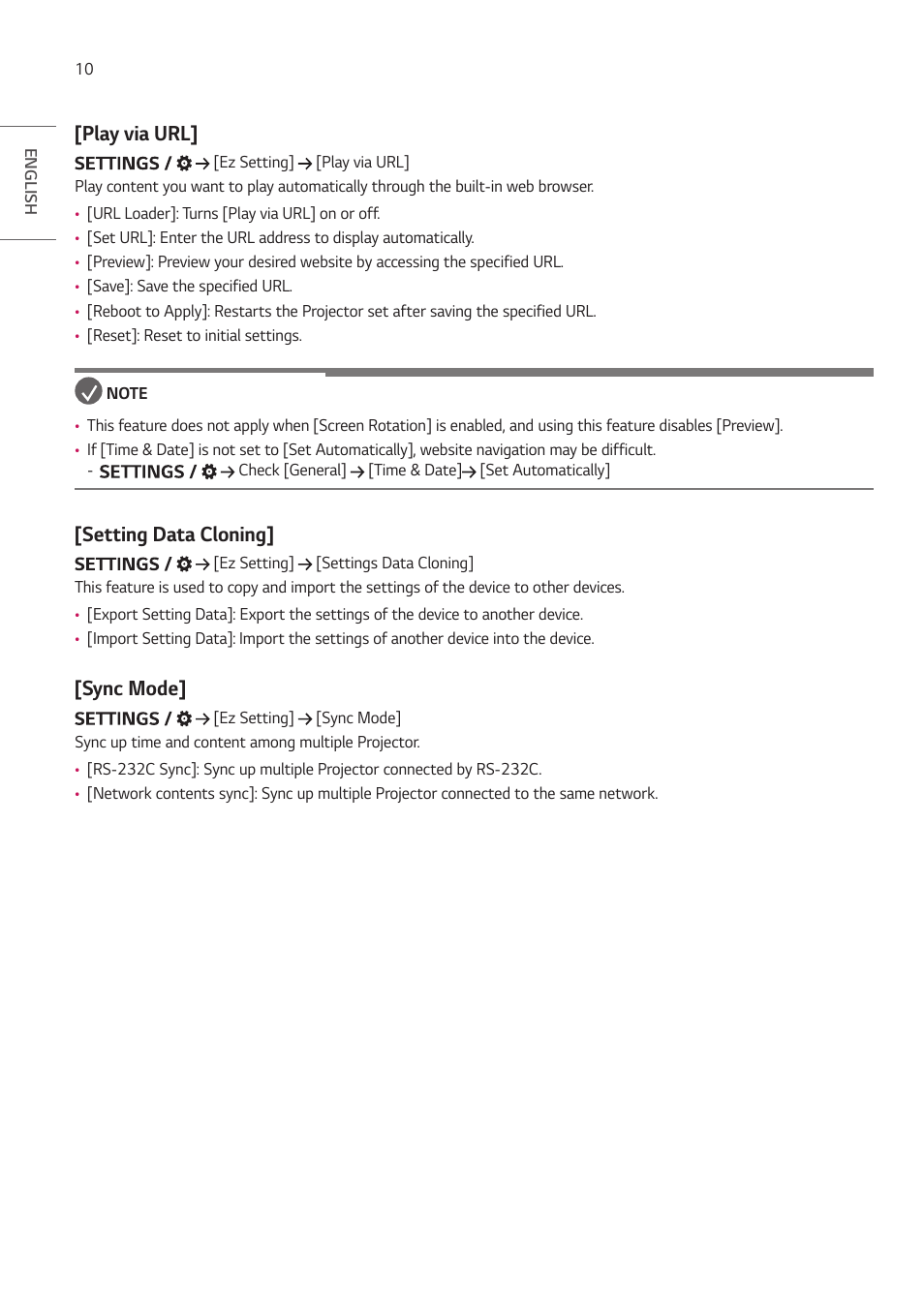 Play via url, Setting data cloning, Sync mode | Play via url] [setting data cloning] [sync mode | LG ProBeam BU70QGA 7000-Lumen 4K Laser SmProjector User Manual | Page 65 / 143