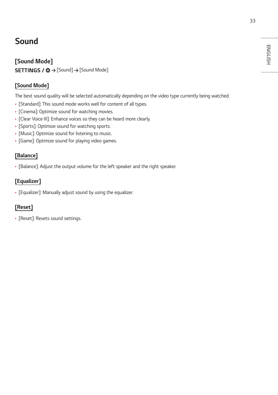 Sound, Sound mode | LG ProBeam BU70QGA 7000-Lumen 4K Laser SmProjector User Manual | Page 88 / 143