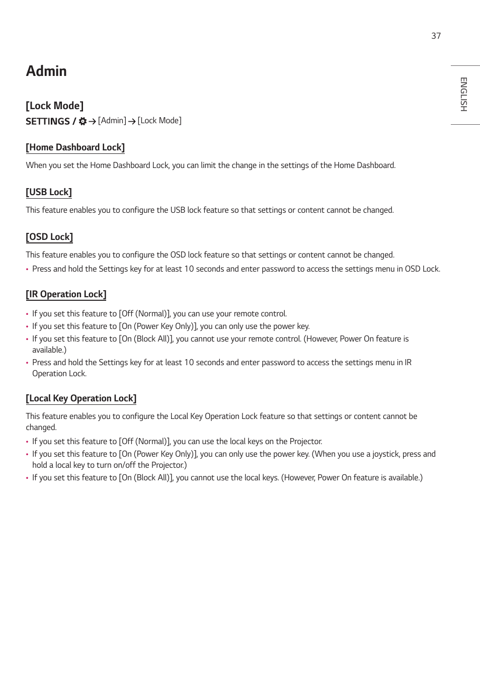 Admin, Lock mode | LG ProBeam BU70QGA 7000-Lumen 4K Laser SmProjector User Manual | Page 92 / 143