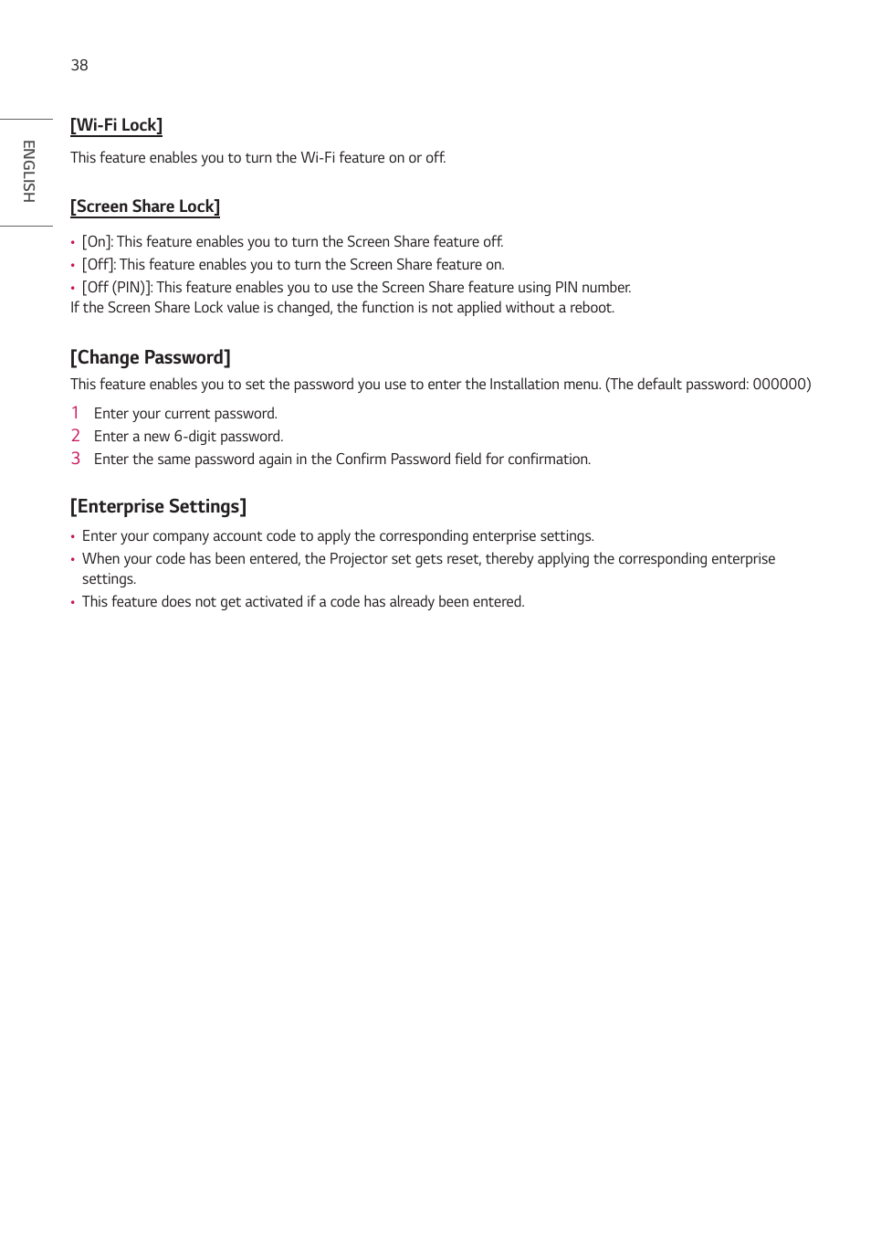 Change password, Enterprise settings, Change password] [enterprise settings | LG ProBeam BU70QGA 7000-Lumen 4K Laser SmProjector User Manual | Page 93 / 143