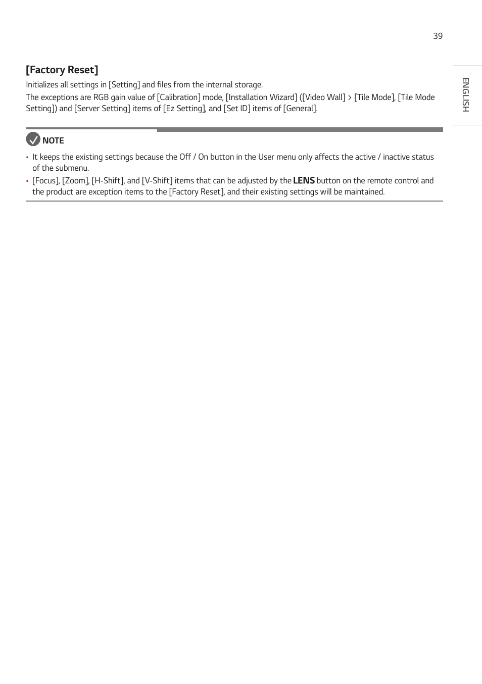 Factory reset | LG ProBeam BU70QGA 7000-Lumen 4K Laser SmProjector User Manual | Page 94 / 143