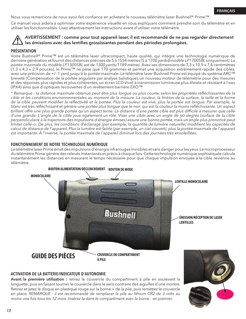 Guide des pièces | Bushnell 6x24 Prime 1300 Laser Rangefinder (Black) User Manual | Page 10 / 42