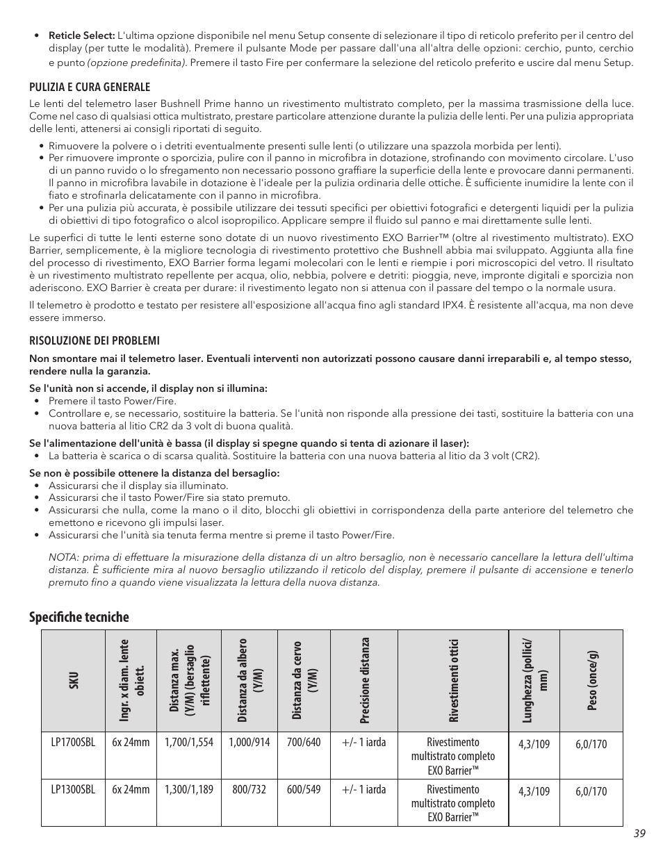 Specifiche tecniche | Bushnell 6x24 Prime 1300 Laser Rangefinder (Black) User Manual | Page 39 / 42