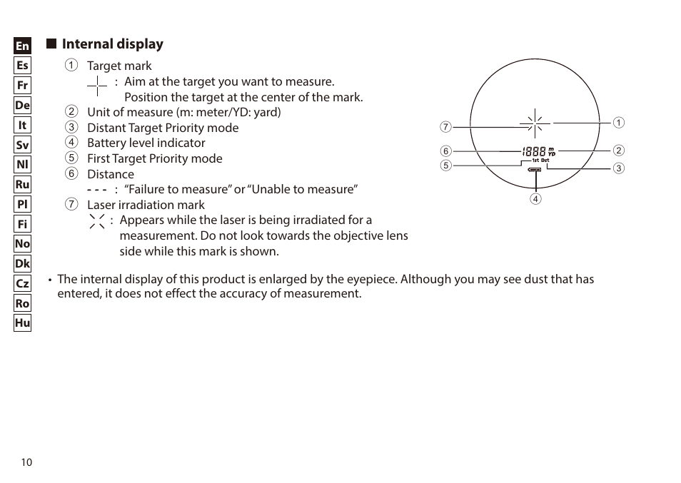 Internal display | Nikon 6x20 Prostaff 1000 Rangefinder User Manual | Page 10 / 276