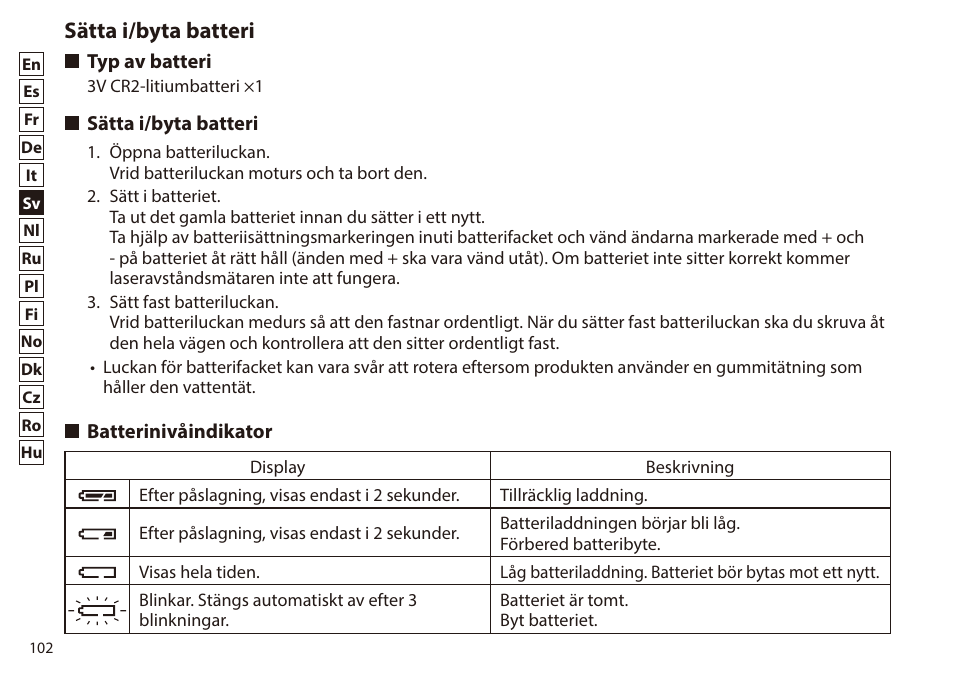 Sätta i/byta batteri, Typ av batteri, Batterinivåindikator | Nikon 6x20 Prostaff 1000 Rangefinder User Manual | Page 102 / 276