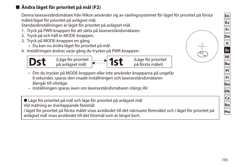 Ändra läget för prioritet på mål (f2) | Nikon 6x20 Prostaff 1000 Rangefinder User Manual | Page 105 / 276
