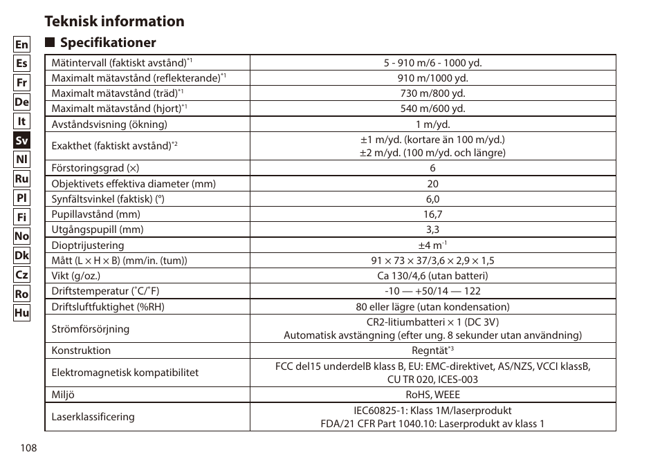 Teknisk information, Specifikationer | Nikon 6x20 Prostaff 1000 Rangefinder User Manual | Page 108 / 276
