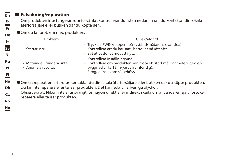 Felsökning/reparation | Nikon 6x20 Prostaff 1000 Rangefinder User Manual | Page 110 / 276