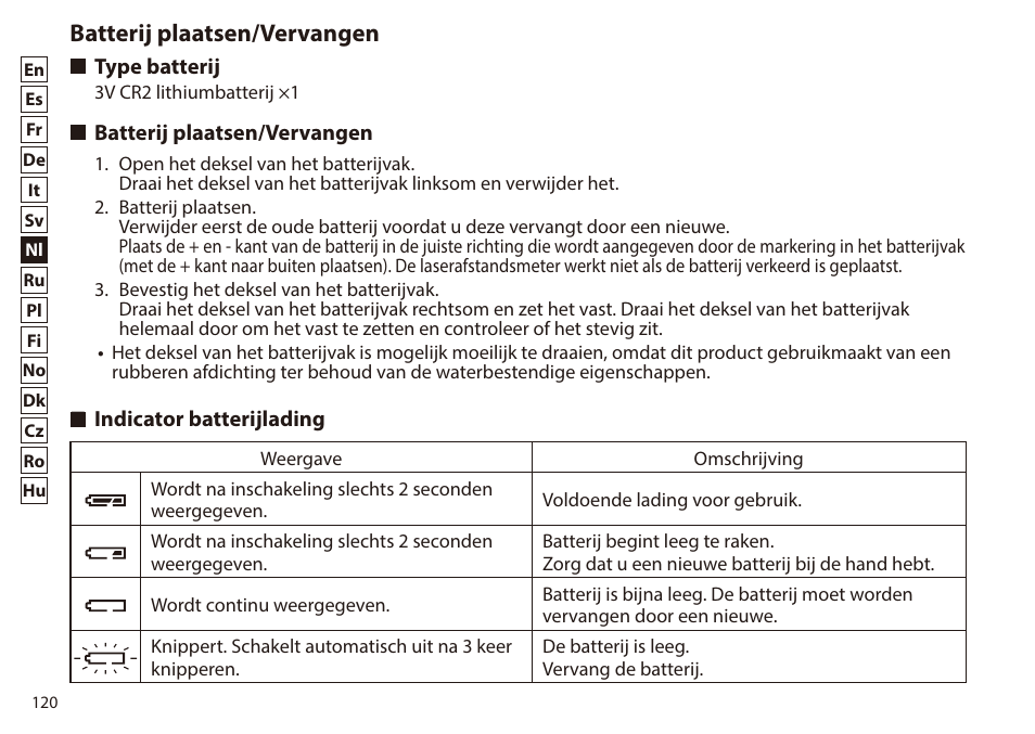Batterij plaatsen/vervangen, Type batterij, Indicator batterijlading | Nikon 6x20 Prostaff 1000 Rangefinder User Manual | Page 120 / 276