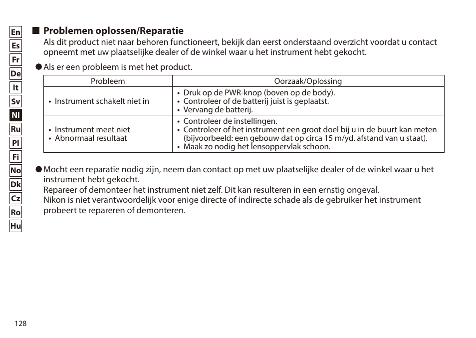 Problemen oplossen/reparatie | Nikon 6x20 Prostaff 1000 Rangefinder User Manual | Page 128 / 276