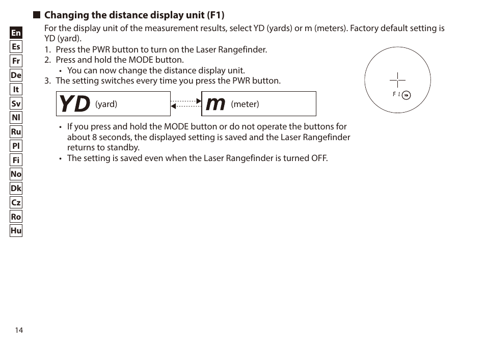 Changing the distance display unit (f1) | Nikon 6x20 Prostaff 1000 Rangefinder User Manual | Page 14 / 276