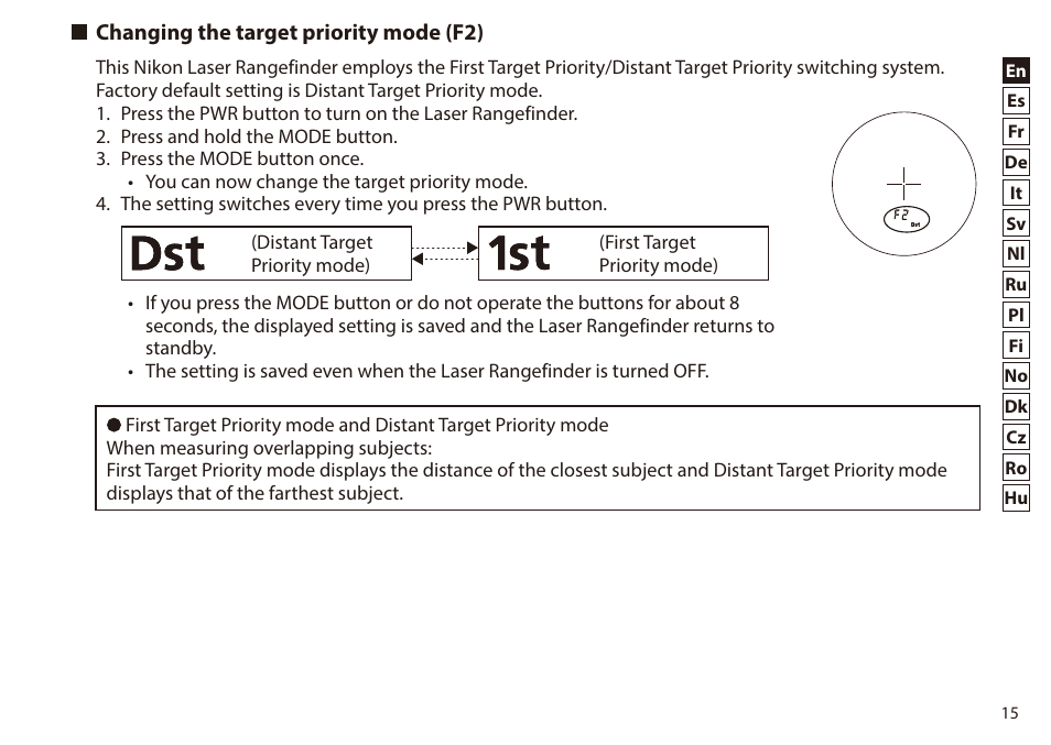 Changing the target priority mode (f2) | Nikon 6x20 Prostaff 1000 Rangefinder User Manual | Page 15 / 276