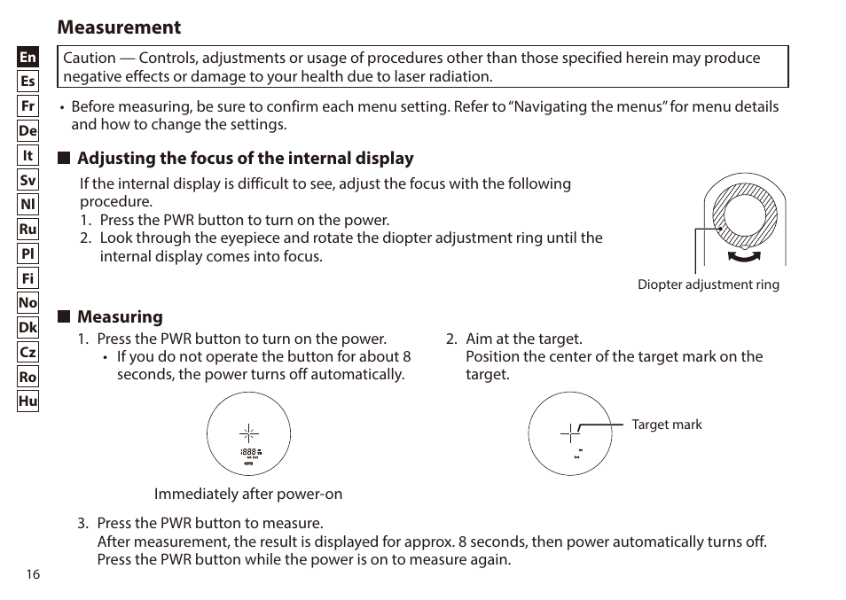 Measurement, Adjusting the focus of the internal display, Measuring | Nikon 6x20 Prostaff 1000 Rangefinder User Manual | Page 16 / 276