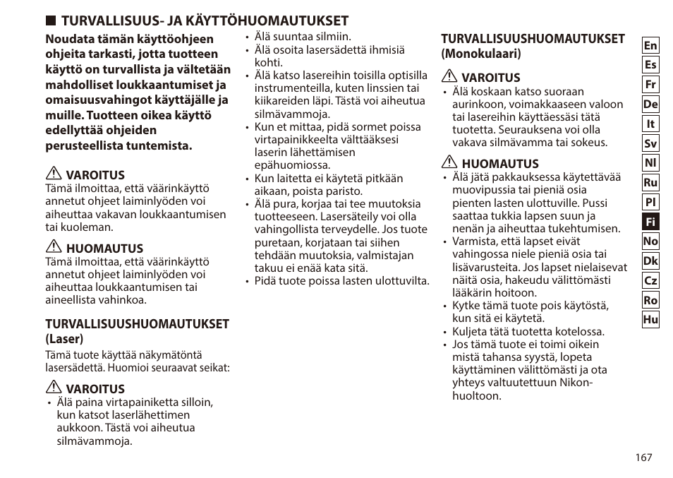 Turvallisuus- ja käyttöhuomautukset | Nikon 6x20 Prostaff 1000 Rangefinder User Manual | Page 167 / 276