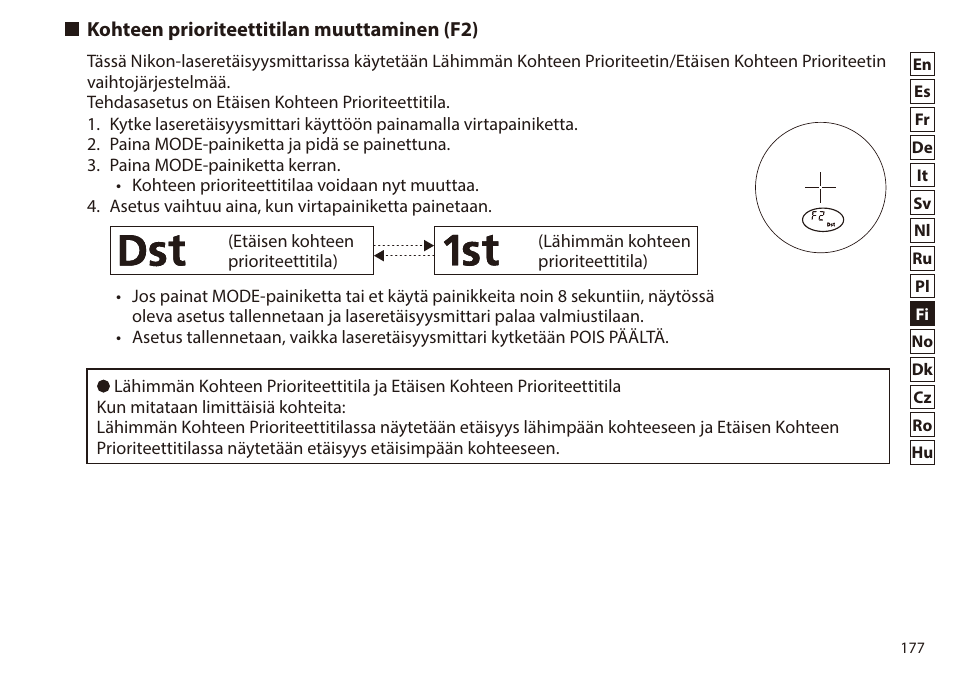 Kohteen prioriteettitilan muuttaminen (f2) | Nikon 6x20 Prostaff 1000 Rangefinder User Manual | Page 177 / 276