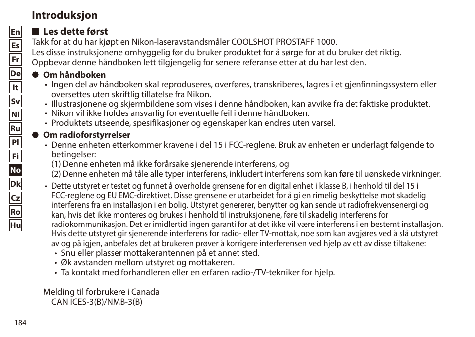 Introduksjon, Les dette først | Nikon 6x20 Prostaff 1000 Rangefinder User Manual | Page 184 / 276