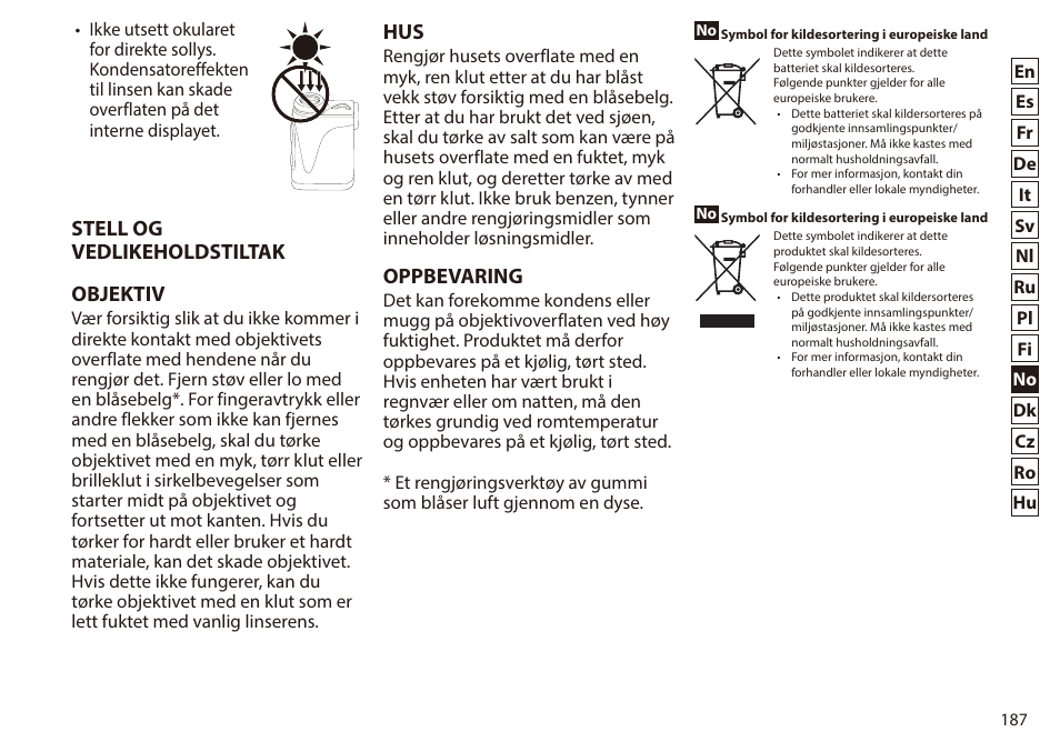 Stell og vedlikeholdstiltak objektiv, Oppbevaring | Nikon 6x20 Prostaff 1000 Rangefinder User Manual | Page 187 / 276