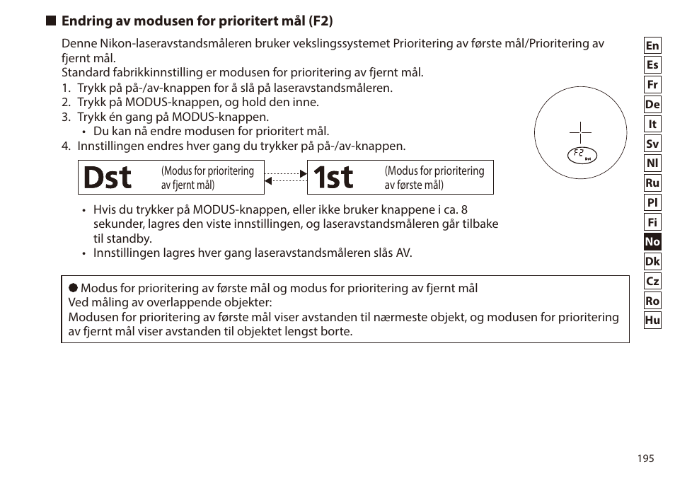 Endring av modusen for prioritert mål (f2) | Nikon 6x20 Prostaff 1000 Rangefinder User Manual | Page 195 / 276