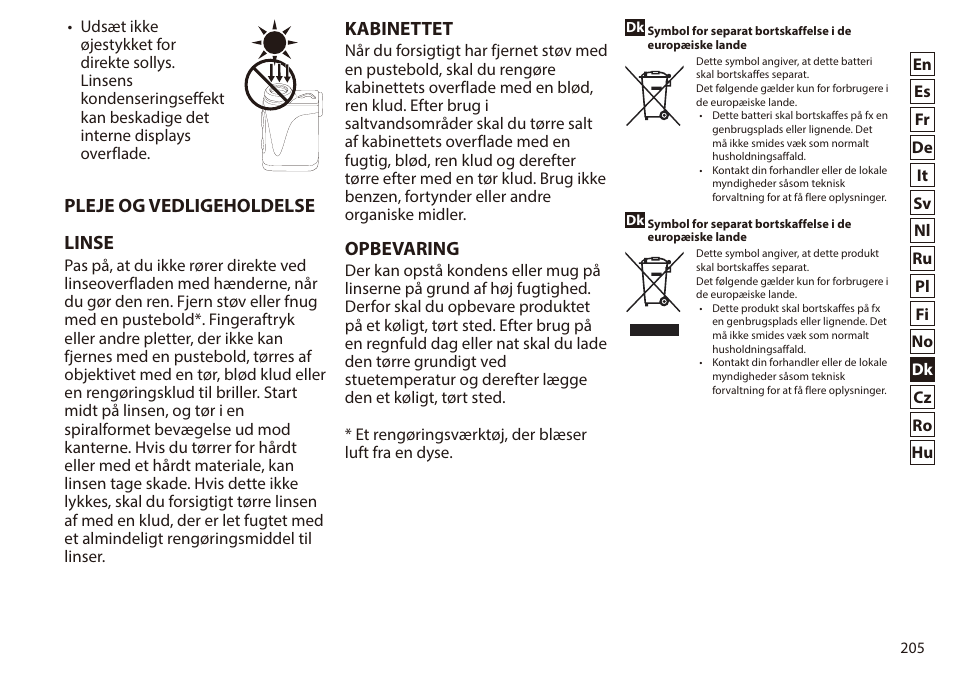 Pleje og vedligeholdelse linse, Kabinettet, Opbevaring | Nikon 6x20 Prostaff 1000 Rangefinder User Manual | Page 205 / 276