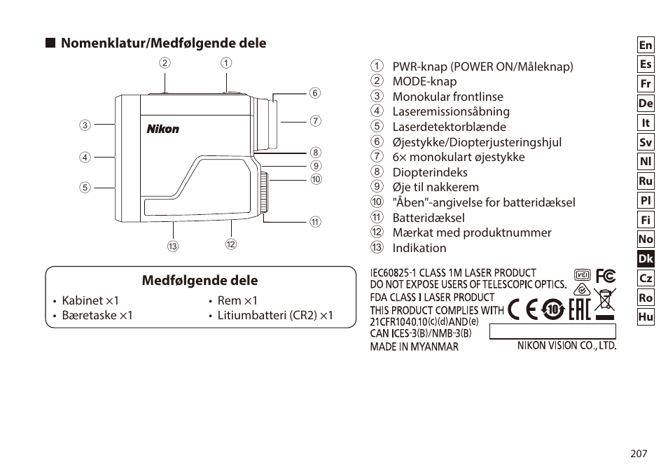 Nomenklatur/medfølgende dele, Medfølgende dele | Nikon 6x20 Prostaff 1000 Rangefinder User Manual | Page 207 / 276