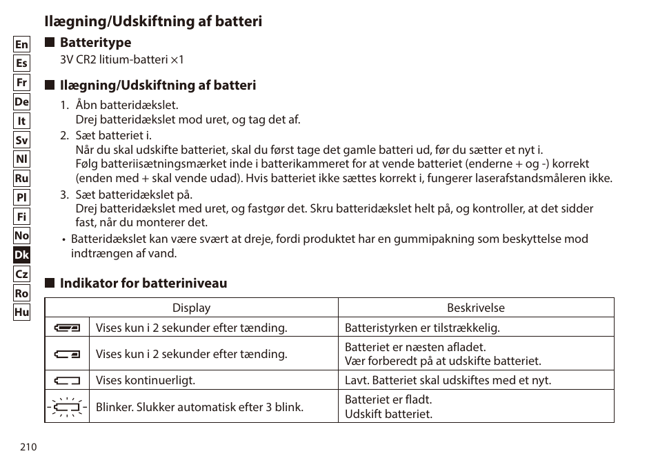 Ilægning/udskiftning af batteri, Batteritype, Indikator for batteriniveau | Nikon 6x20 Prostaff 1000 Rangefinder User Manual | Page 210 / 276