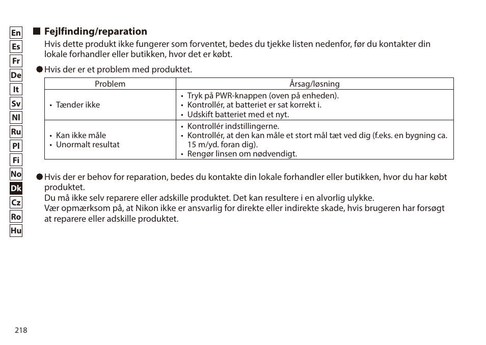 Fejlfinding/reparation | Nikon 6x20 Prostaff 1000 Rangefinder User Manual | Page 218 / 276