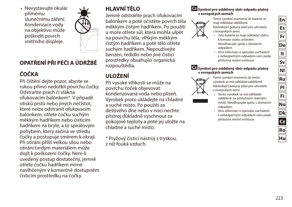 Opatření při péči a údržbě čočka, Hlavní tělo, Uložení | Nikon 6x20 Prostaff 1000 Rangefinder User Manual | Page 223 / 276