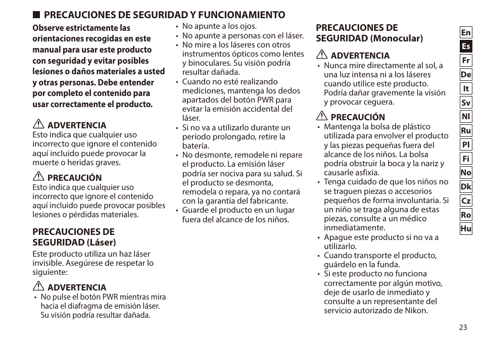 Precauciones de seguridad y funcionamiento, Precauciones de seguridad y, Funcionamiento | Nikon 6x20 Prostaff 1000 Rangefinder User Manual | Page 23 / 276