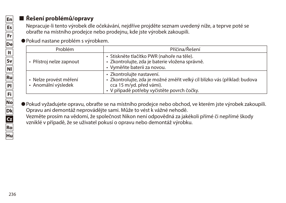 Řešení problémů/opravy | Nikon 6x20 Prostaff 1000 Rangefinder User Manual | Page 236 / 276