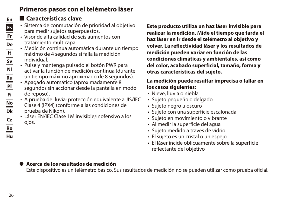 Primeros pasos con el telémetro láser, Características clave | Nikon 6x20 Prostaff 1000 Rangefinder User Manual | Page 26 / 276