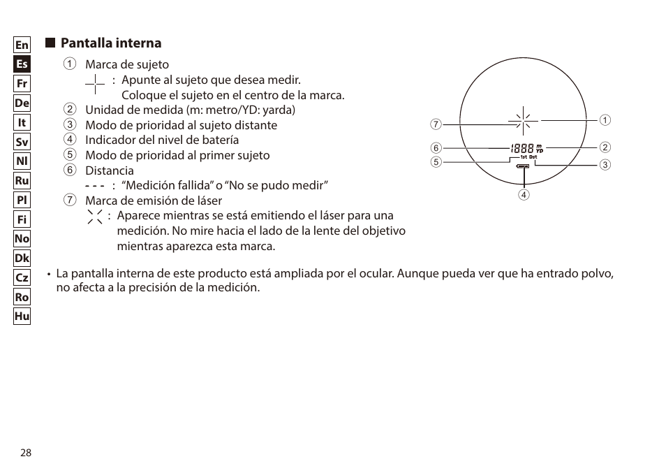 Pantalla interna | Nikon 6x20 Prostaff 1000 Rangefinder User Manual | Page 28 / 276