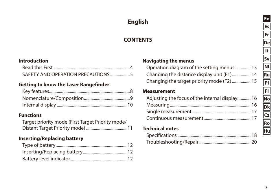 English | Nikon 6x20 Prostaff 1000 Rangefinder User Manual | Page 3 / 276