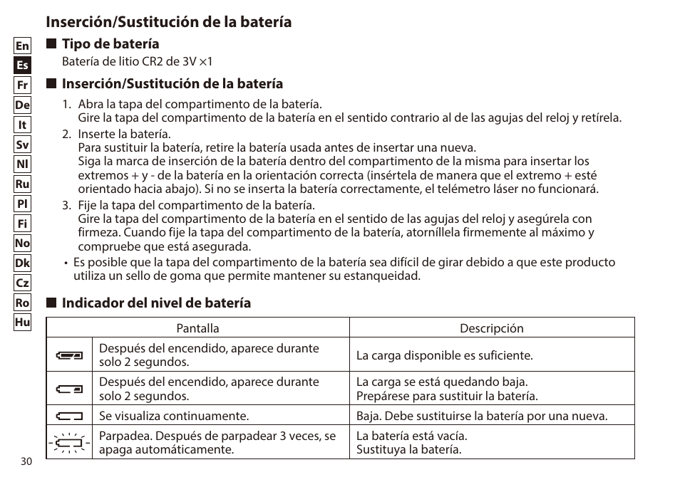 Inserción/sustitución de la batería, Tipo de batería, Indicador del nivel de batería | Nikon 6x20 Prostaff 1000 Rangefinder User Manual | Page 30 / 276