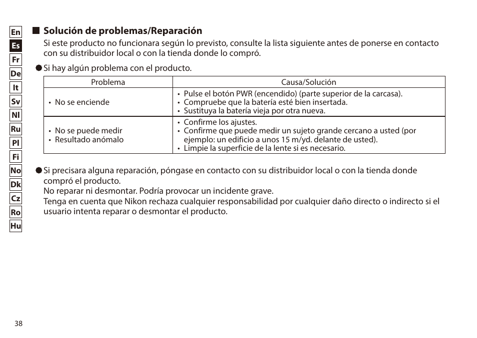 Solución de problemas/reparación | Nikon 6x20 Prostaff 1000 Rangefinder User Manual | Page 38 / 276