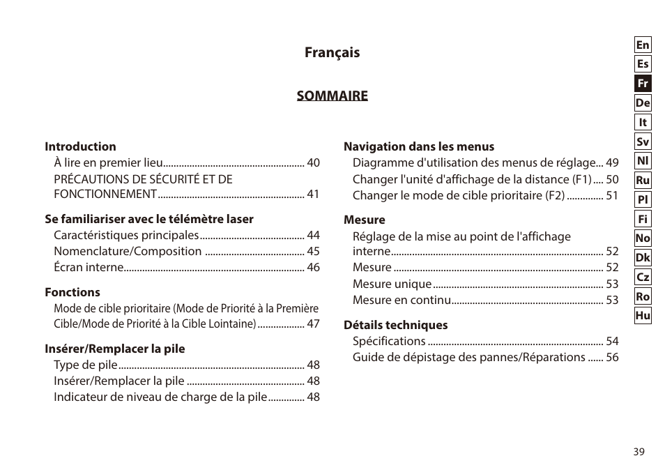 Français | Nikon 6x20 Prostaff 1000 Rangefinder User Manual | Page 39 / 276