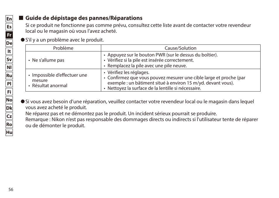 Guide de dépistage des pannes/réparations | Nikon 6x20 Prostaff 1000 Rangefinder User Manual | Page 56 / 276