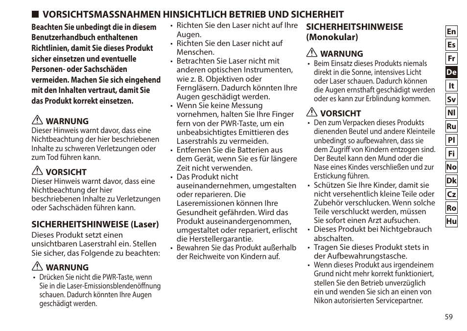 Vorsichtsmassnahmen hinsichtlich betrieb, Und sicherheit | Nikon 6x20 Prostaff 1000 Rangefinder User Manual | Page 59 / 276