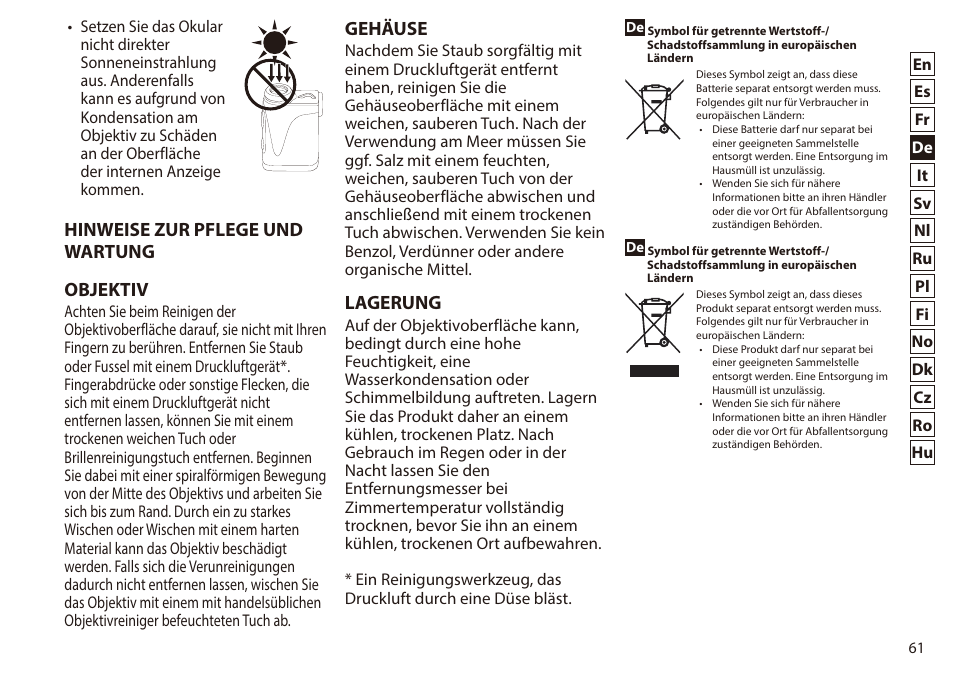 Hinweise zur pflege und wartung objektiv, Gehäuse, Lagerung | Nikon 6x20 Prostaff 1000 Rangefinder User Manual | Page 61 / 276