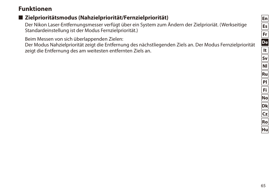 Funktionen, Zielprioritätsmodus (nahzielpriorität, Fernzielpriorität) | Nikon 6x20 Prostaff 1000 Rangefinder User Manual | Page 65 / 276