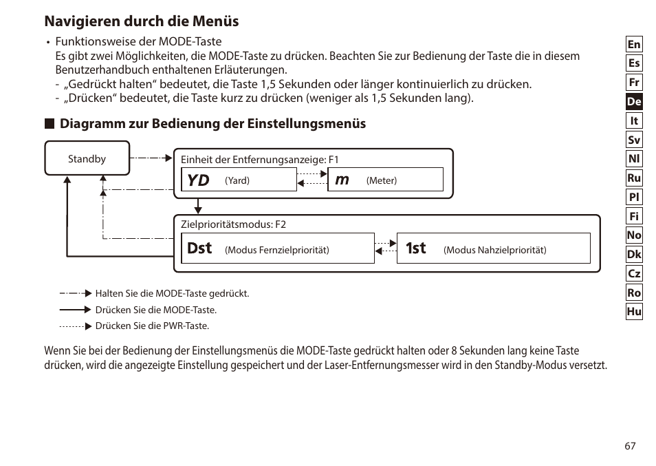 Navigieren durch die menüs, Diagramm zur bedienung der einstellungsmenüs, Diagramm zur bedienung der | Einstellungsmenüs | Nikon 6x20 Prostaff 1000 Rangefinder User Manual | Page 67 / 276