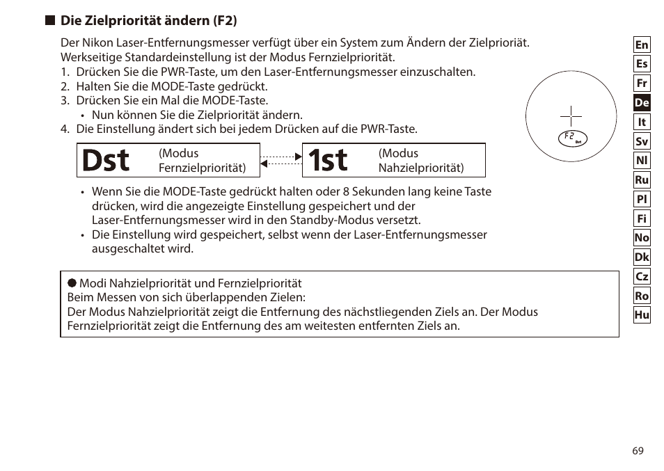 Die zielpriorität ändern (f2) | Nikon 6x20 Prostaff 1000 Rangefinder User Manual | Page 69 / 276