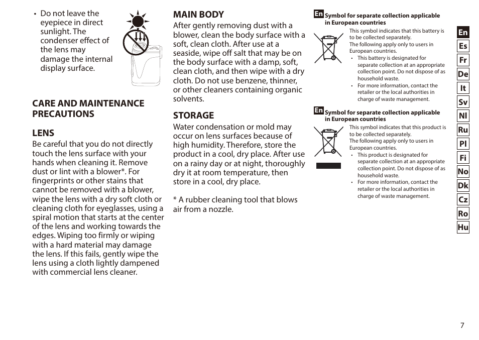 Care and maintenance precautions lens, Main body, Storage | Nikon 6x20 Prostaff 1000 Rangefinder User Manual | Page 7 / 276