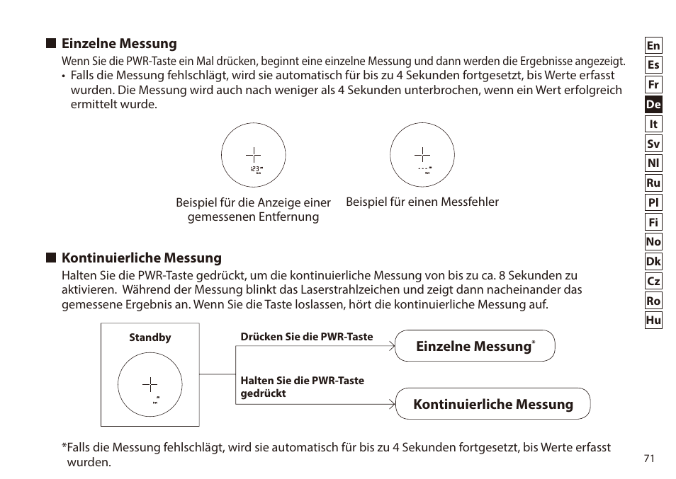 Einzelne messung, Kontinuierliche messung, Einzelne messung kontinuierliche messung | Nikon 6x20 Prostaff 1000 Rangefinder User Manual | Page 71 / 276