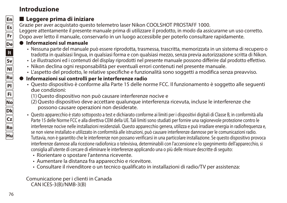 Introduzione, Leggere prima di iniziare | Nikon 6x20 Prostaff 1000 Rangefinder User Manual | Page 76 / 276